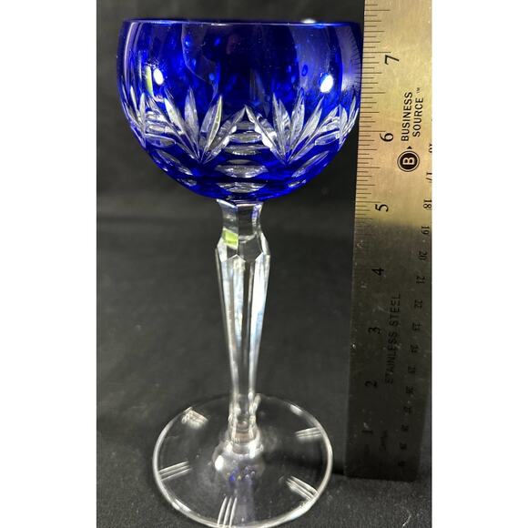 Cobalt Blue Cut to Clear Crystal Wine Glass Goblet Bohemian Style 7.5” - Picture 2 of 5
